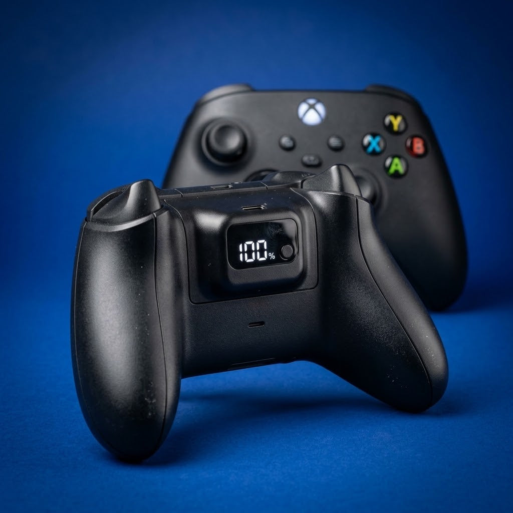 Mando de Xbox Series X|S con la batería Ralenor al 100 % en la parte trasera