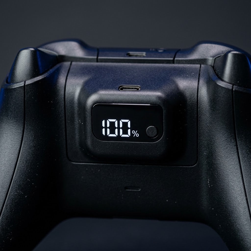 Detalle de la pantalla digital y el puerto USB-C de la batería Ralenor para Xbox